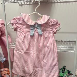 The Beaufort Bonnet Company Pink Striped Dress with Blue Bow